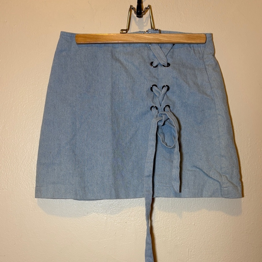 Sage Light Blue Lace-Up Mini Skirt
